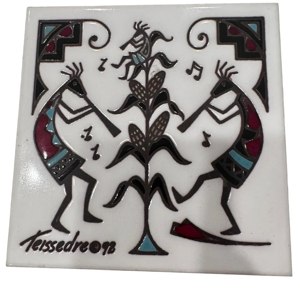 2 Teissedre Designs Kokopelli‎ & Quail Tile Trivet Handcrafted 4x4 6x6 Vintage